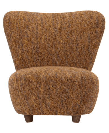 A small, upholstered armchair with a curved back and a rounded seat. It is supported by four short, tapered wooden legs. The upholstery has a textured appearance with a mix of brown, yellow, and purple fibers. — 3D model