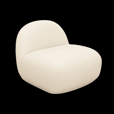A cream-colored, low-profile armchair with a rounded, bulbous form. The armchair features a single-piece upholstered seat and backrest, creating a seamless, organic silhouette. The base is integrated into the overall rounded design, lacking distinct legs. The overall aesthetic is modern and sculptural. — 3D model