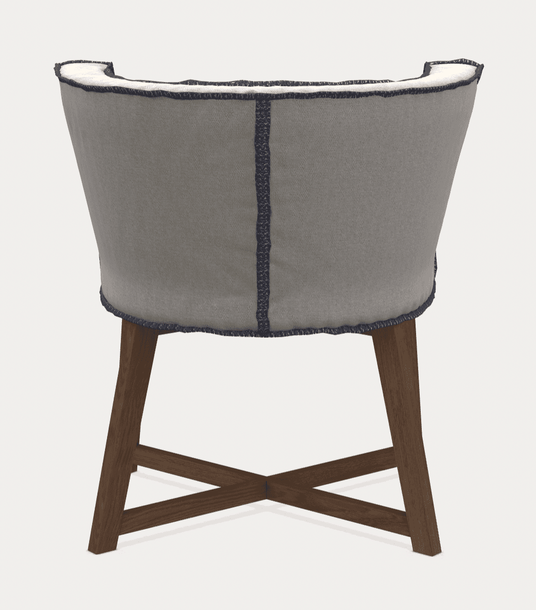A upholstered armchair viewed from the back. It features a curved backrest with a piped edge in a darker contrasting color. The seat and back are covered in a light gray fabric with visible stitching details along the seams and edges. The chair is supported by four wooden legs, with two front legs and two back legs that are slightly angled, connected by an X-shaped stretcher. — 3D model