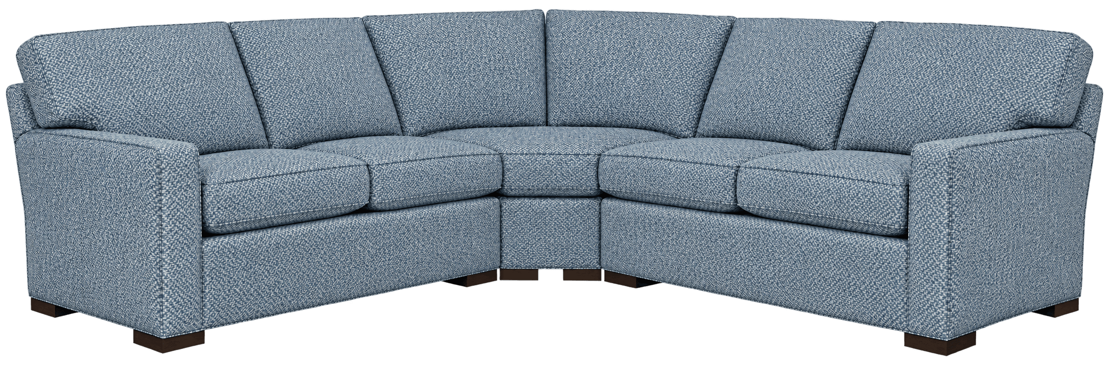 A modern corner sectional sofa upholstered in a mottled blue and white fabric, featuring clean lines, track arms, and loose box cushions. The sofa rests on low-profile dark wooden block feet. — 3D model