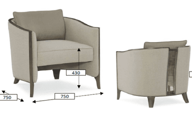 A contemporary upholstered armchair with a distinct curved barrel-back design and exposed dark wood trim. — 3D model