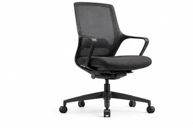 A black modern office chair featuring a high mesh back, a padded fabric seat, integrated armrests, and a five-star caster base. — 3D model