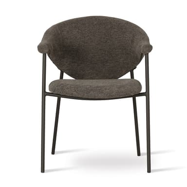 A contemporary upholstered chair, viewed from the back, featuring a rounded, bucket-style back and seat covered in textured dark gray fabric, supported by slender, dark metal legs. — 3D model