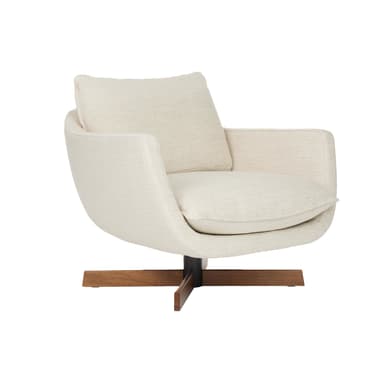 A modern upholstered swivel lounge armchair with a splayed wooden base. — 3D model