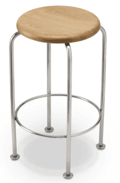 A modern bar stool featuring a round natural wood seat and a polished metal tubular frame with a circular footrest. — 3D model