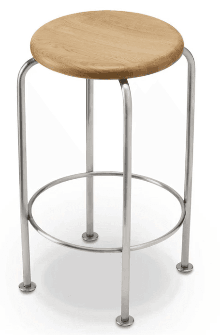 A modern bar stool featuring a round natural wood seat and a polished metal tubular frame with a circular footrest. — 3D model