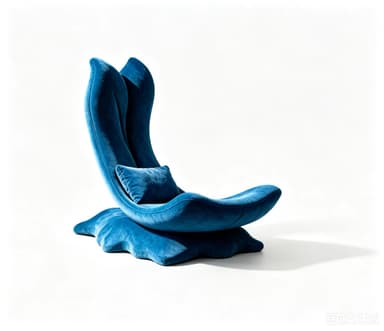 A uniquely designed lounge chair, featuring a vibrant blue velvet upholstery and an organic, sculptural form. It has a low, deeply contoured seat and a high, multi-lobed backrest that appears to embrace the user. A small, matching cushion rests in the seat, and the base is fluid and integrated with the main body of the chair. — 3D model