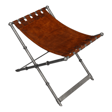 A folding stool featuring an X-shaped metal frame and a sling seat crafted from brown leather. The metal frame displays an aged, silver-toned finish with subtle decorative turnings. The leather seat is secured to the frame with leather straps and visible cross-stitching. — 3D model