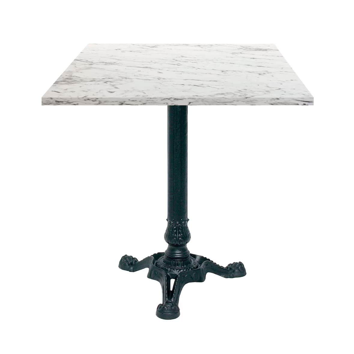 A square-top table with a marble-patterned surface and a decorative cast iron pedestal base. — 3D model