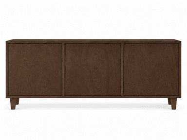A long, rectangular dark wood sideboard featuring two side cabinets with solid doors and three central drawers. The piece stands on four short, tapered legs and is accented with small, round brass-colored knob pulls on the drawers. — 3D model