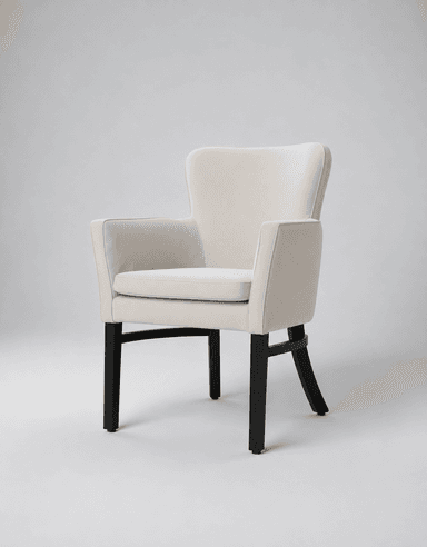 An elegantly designed upholstered dining armchair featuring a high, slightly curved back and padded armrests. The chair is covered in a light, neutral-toned fabric, likely linen or a blend, and stands on four dark, tapered solid wood legs, with the rear legs subtly curved for stability and style. The overall design suggests a contemporary or transitional aesthetic, offering both comfort and sophisticated style. — 3D model