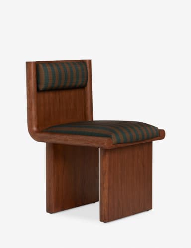 A contemporary or mid-century style armchair featuring a substantial solid wood frame with a dark brown finish and prominent grain. The chair has a box-like base and back structure, with integrated, smoothly rounded armrests. The seat and separate backrest cushion are upholstered in a fabric with distinct vertical stripes in contrasting brown and dark green. — 3D model