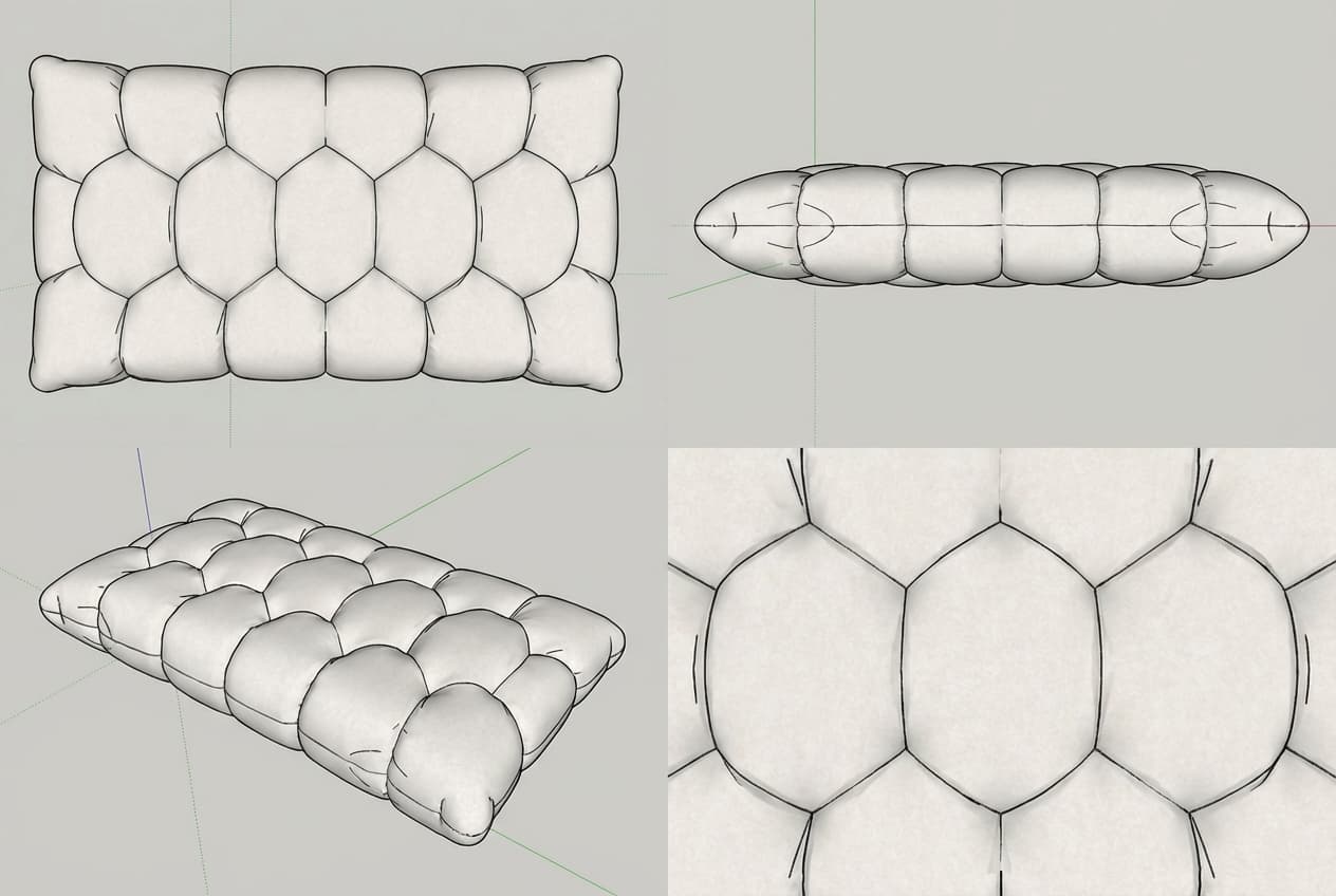 A rectangular pillow, presented in two views: top-down and side profile. The top surface features a quilted pattern composed of interlocking hexagonal shapes. The side view shows a rounded, filled profile with visible stitching lines that follow the quilted pattern. The pillow appears to be soft and filled. — 3D model