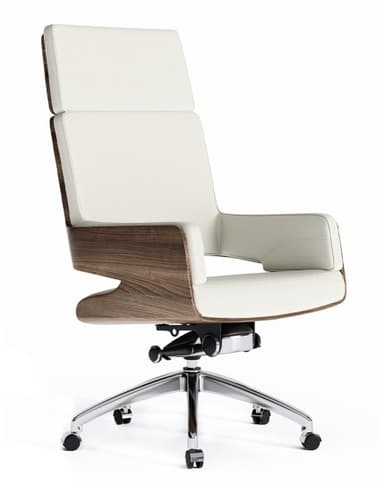 A modern executive office chair featuring a high back, integrated armrests, and a sculpted bentwood shell. The chair is upholstered in white material and stands on a five-star chrome base with casters. — 3D model