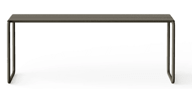 A minimalist bench with a slender, rectangular top supported by two U-shaped legs. The top appears to be constructed from multiple slats, with a subtle lengthwise seam. The legs have rounded corners and a consistent tubular profile, extending upwards to meet the underside of the tabletop. — 3D model