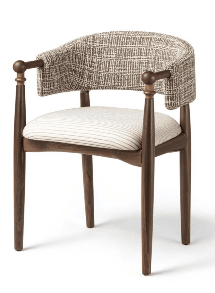 A contemporary dining armchair featuring a solid wood frame with a curved, upholstered barrel-style back that integrates armrests, and an upholstered seat cushion. The chair's frame is made of dark-stained wood, likely walnut, with tapered legs. — 3D model