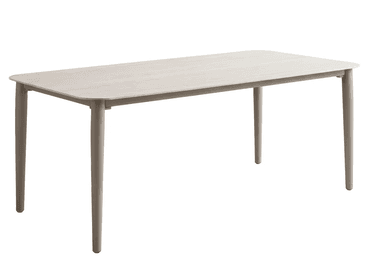 A modern rectangular dining table featuring a light wood grain tabletop with gently rounded corners and four subtly tapered legs in a muted grey finish. The design is clean and minimalist, highlighting the two-tone aesthetic. — 3D model
