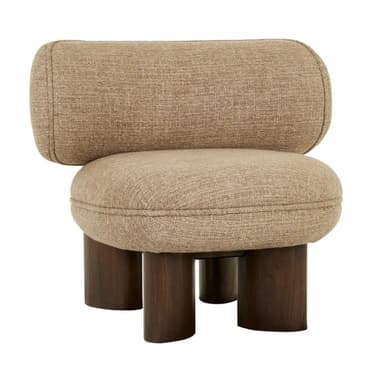 A contemporary accent chair with a distinctive, plush design. The chair features a rounded seat and a cylindrical, slightly curved backrest, both upholstered in a textured, neutral-toned fabric. It is supported by four dark, cylindrical legs that are spaced unevenly, adding to its unique aesthetic. The upholstery exhibits subtle stitching details that enhance its form. — 3D model