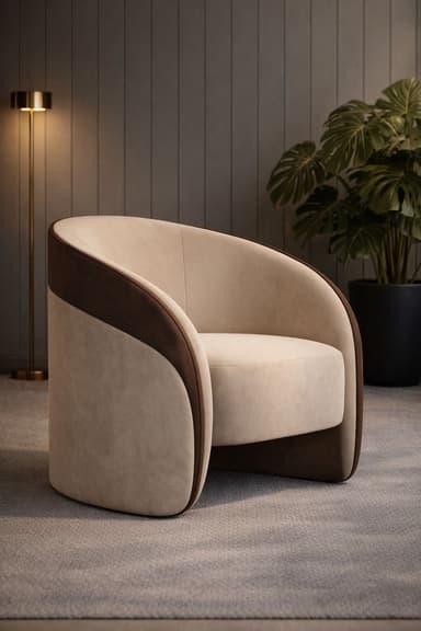 A modern, two-tone barrel-shaped accent chair with upholstered fabric in beige and brown. — 3D model