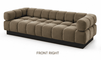 A modern, low-profile sofa featuring distinct channel tufting in a soft, plush velvet fabric. The entire seating area, including the backrest and arms, is composed of rounded, plush, individual-looking segments, creating a cloud-like appearance. It rests on a dark, recessed plinth base, giving it a floating effect. — 3D model
