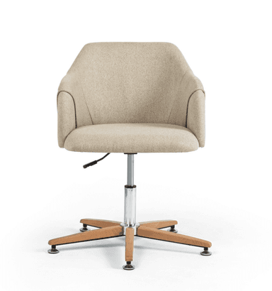 A contemporary swivel chair featuring a rounded, fully upholstered shell with integrated arms, supported by a five-point wooden base with chrome accents. — 3D model