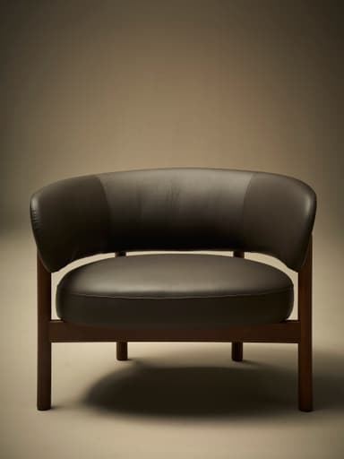 A low-profile armchair with a dark brown leather upholstered seat and curved backrest. The frame and legs are constructed from dark wood, exhibiting a minimalist design. The seat and back appear to be separate components supported by the wooden frame. — 3D model