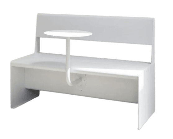 A minimalist, white, two-seater bench featuring a full backrest and an integrated, swiveling circular side table. The design is contemporary with clean, angular lines. — 3D model