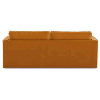 A three-seater sofa with a tufted seat cushion and two back cushions. It features straight arms and includes two cylindrical bolster pillows at the ends. The upholstery appears to be a plush velvet fabric. — 3D model