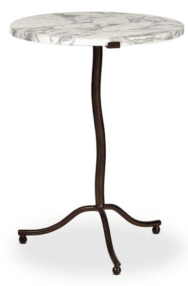 A small, round accent table featuring a white marble top with natural grey veining, supported by a single, slender, curvilinear metal pedestal base finished in dark bronze. The base terminates in three elegantly curved legs with spherical feet. — 3D model