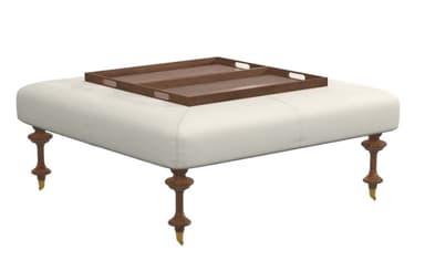 A square, low-profile ottoman featuring off-white upholstered tufting on its top surface. It is supported by four dark turned wooden legs, each tipped with a small brass ferrule. — 3D model