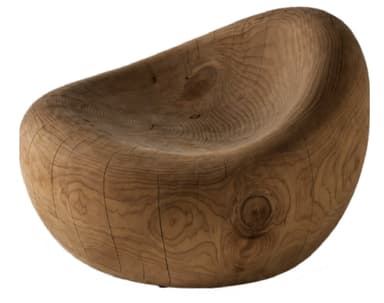 A deeply carved, sculptural lounge chair made from a single, solid piece of light brown wood, featuring prominent natural wood grain and organic imperfections. It has a low-profile, scooped seat and a broad, rounded base. — 3D model