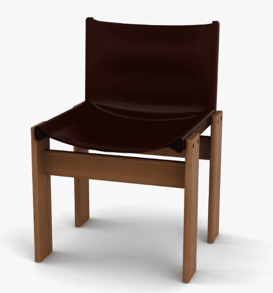 A modern armchair with a wooden frame and a dark brown leather seat and backrest. The frame consists of four vertical legs and horizontal supports. The seat and back are formed from a single piece of material draped over the frame. — 3D model
