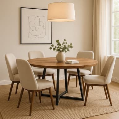 A contemporary round coffee table featuring a warm walnut wood top and a geometric X-shaped base made from black powder-coated steel. The design combines natural wood aesthetics with a modern industrial silhouette. — 3D model