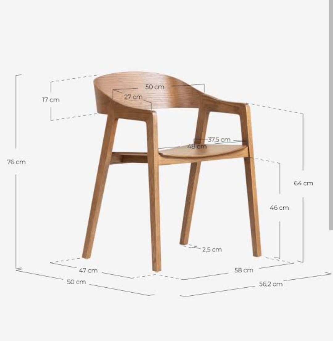 A wooden armchair with a curved backrest and armrests. The seat is also made of wood, with a slightly curved contour. The chair has four tapered legs and a supporting crossbar between the front and back legs on each side. Dimensions are provided in centimeters, indicating overall height, seat height, seat width, and armrest height, among other measurements. The wood grain is clearly visible, suggesting a natural finish. — 3D model