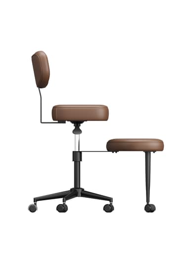 An ergonomic kneeling office chair featuring brown faux leather upholstery, a separate padded knee/shin rest, and a curved backrest. It is equipped with a height-adjustable gas lift and five-star wheeled base for mobility. — 3D model