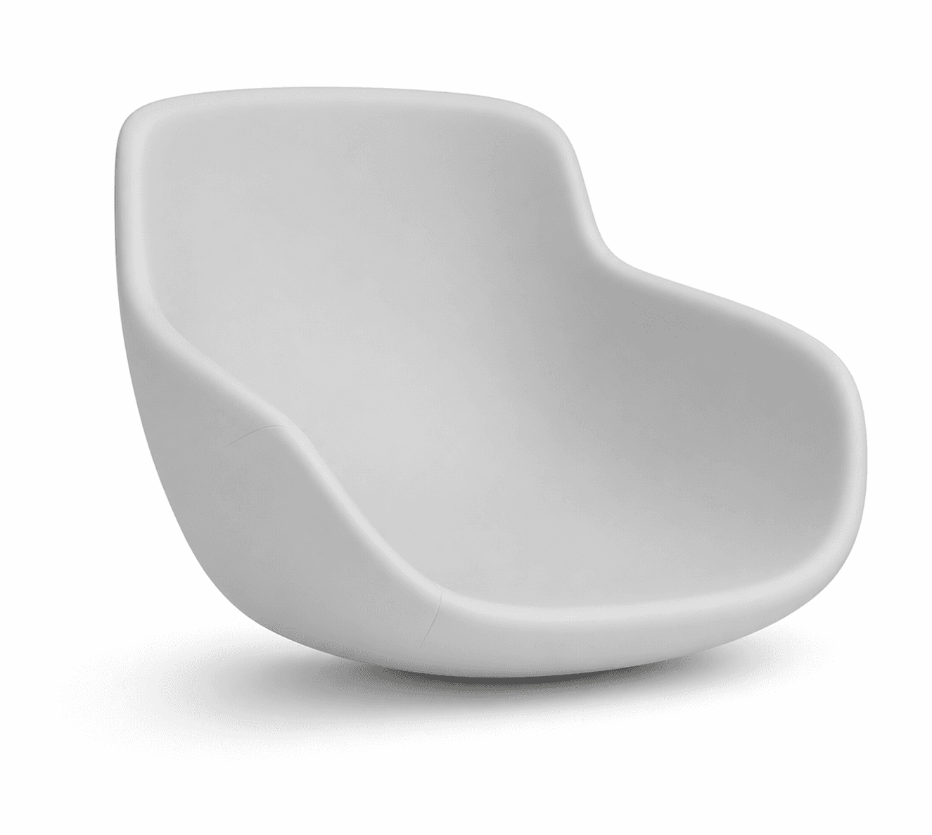 A single-piece molded chair shell, characterized by its smooth, continuous curves that form the seat and backrest. It features an ergonomic shape with integrated armrests, rendered in a matte, light gray finish, and is designed to serve as the seating component of a contemporary lounge chair. — 3D model