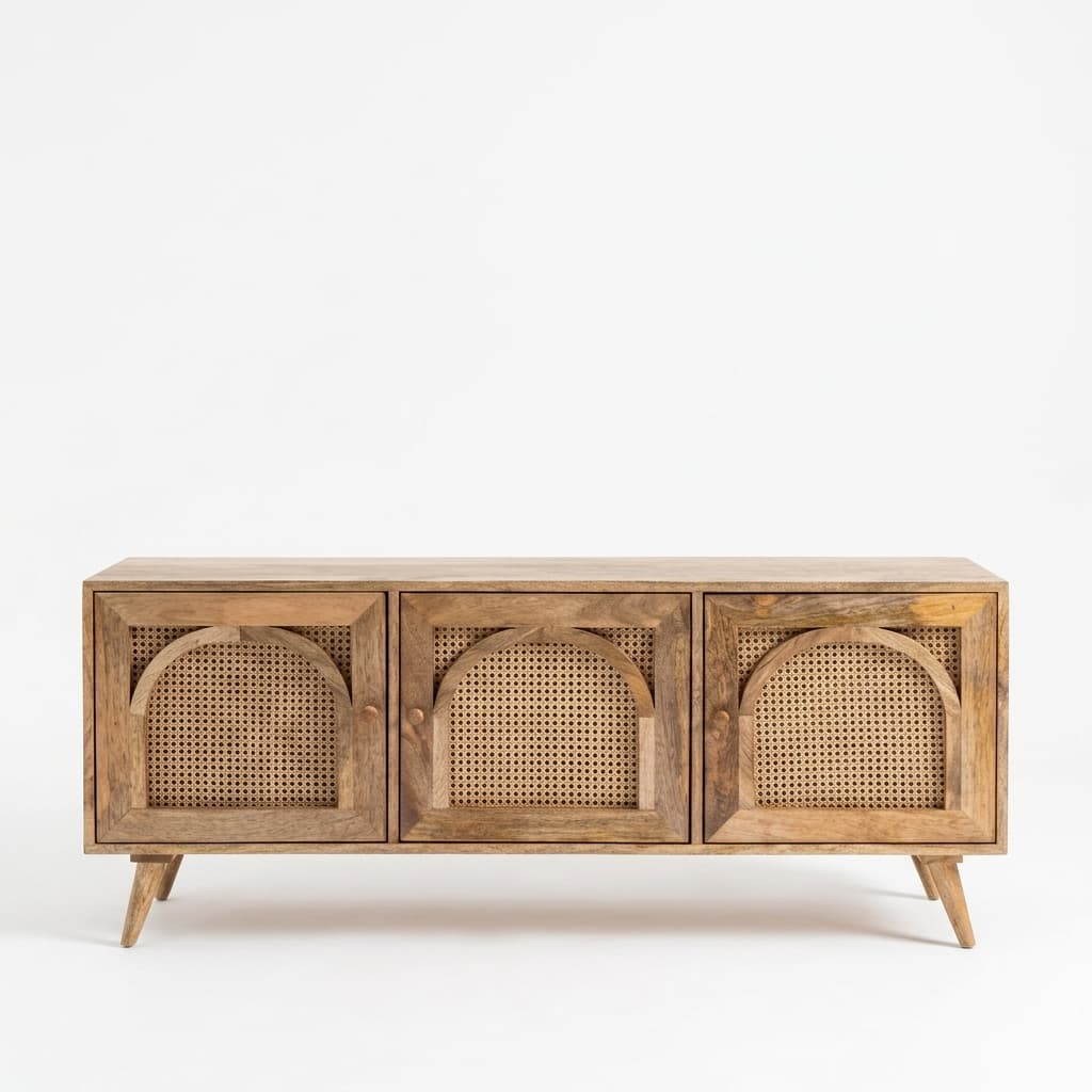 A low, rectangular cabinet with three doors, crafted from light-toned wood. Each door features a wooden frame with an arched cutout revealing a woven cane panel. The console stands on four tapered, splayed wooden legs. — 3D model