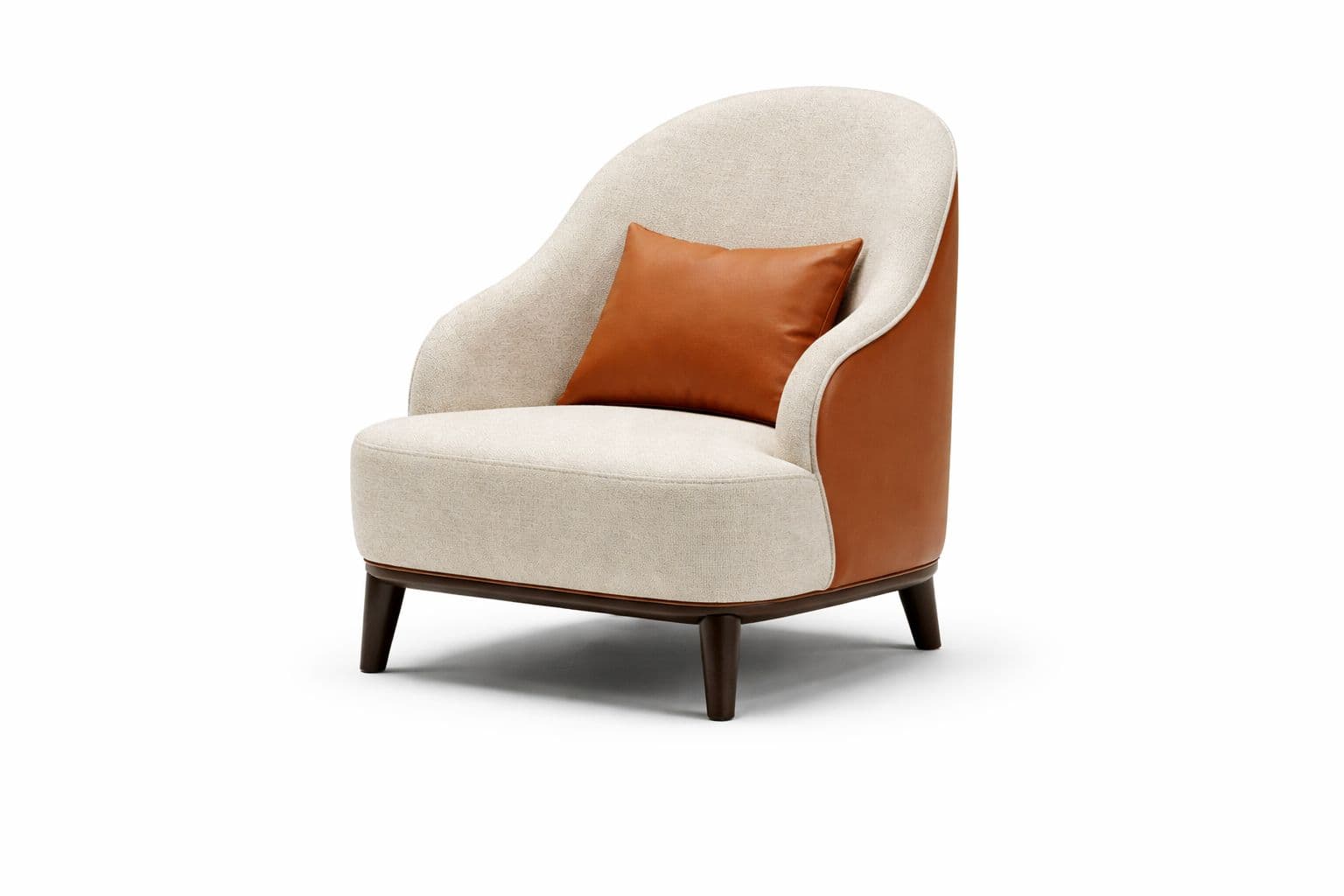 A contemporary armchair featuring a rounded backrest and seat upholstered in a textured light beige fabric. The sides of the chair and the back are accented with panels of smooth, reddish-brown leather. A square throw pillow, also in the same reddish-brown leather, is placed on the seat. The armchair is supported by four dark brown, tapered wooden legs. — 3D model