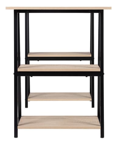 A multi-tiered shelving unit featuring four rectangular shelves with a light wood-effect finish, supported by a sturdy black metal frame. The design is simple and functional, with an open back and sides. — 3D model