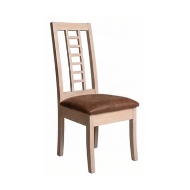 A light-toned wooden dining chair featuring a slatted backrest and a padded, brown upholstered seat. — 3D model