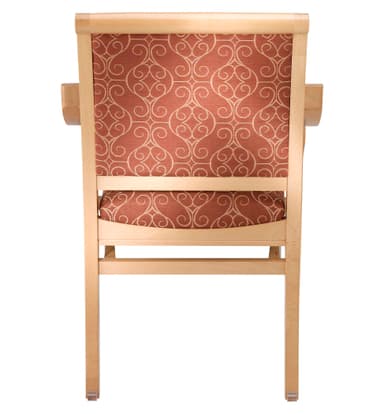 A wooden armchair featuring a light-toned frame and upholstered seat and backrest. The upholstery is a reddish-orange fabric with an intricate, light-colored swirl pattern. The chair has straight legs, connecting stretchers, and gently curved, open armrests. — 3D model