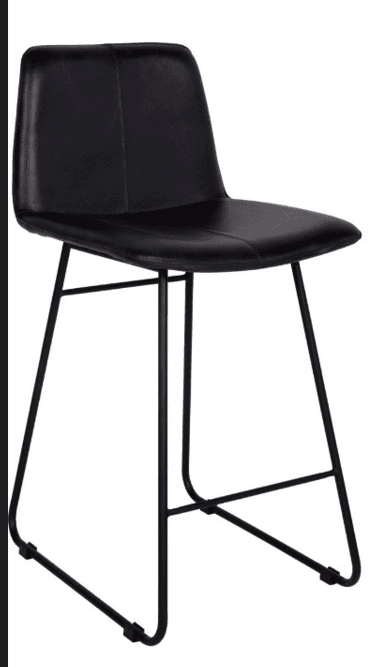 A contemporary black bar stool with a padded seat and backrest, supported by a slim black metal frame. The frame features a sled-style base with horizontal bracing for stability. — 3D model