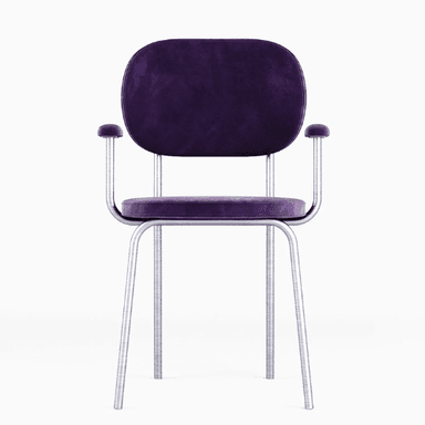 A modern armchair with a velvet upholstery in a deep purple color. The chair features a rounded backrest and seat, with slightly curved armrests that transition into a polished metal frame. The frame has a U-shaped base that supports the seat and legs. The armrest tops are also padded and upholstered. — 3D model