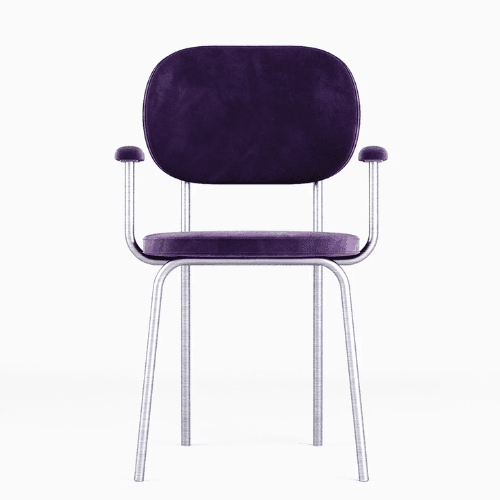 A modern armchair with a velvet upholstery in a deep purple color. The chair features a rounded backrest and seat, with slightly curved armrests that transition into a polished metal frame. The frame has a U-shaped base that supports the seat and legs. The armrest tops are also padded and upholstered. — 3D model