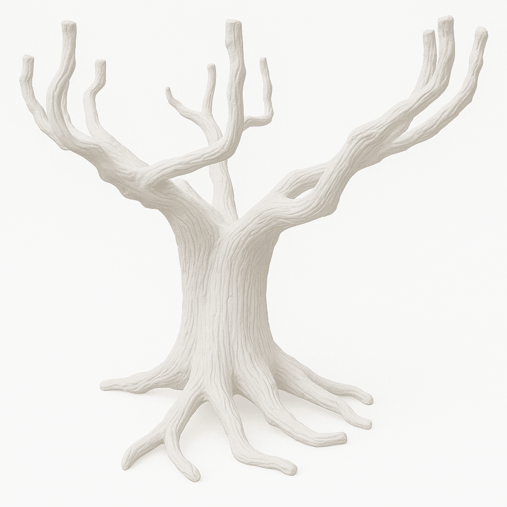 A white, sculpted object resembling a stylized tree.  It features a thick trunk with prominent, textured bark detailing, branching into multiple upward curving arms, and a base of spreading roots. The overall form is organic and abstract, suggesting a tree but with a simplified, almost minimalist aesthetic. — 3D model