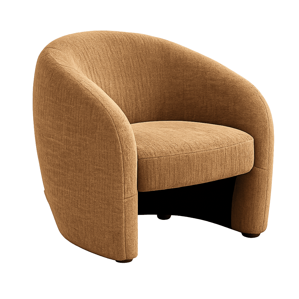 A modern upholstered accent chair featuring a distinctive barrel-shaped back and integrated armrests. The chair is covered in a textured, light brown or camel-colored fabric, presenting a minimalist and contemporary aesthetic. Its compact form is designed for comfortable individual seating, with a low profile and a continuous, enveloping backrest. — 3D model