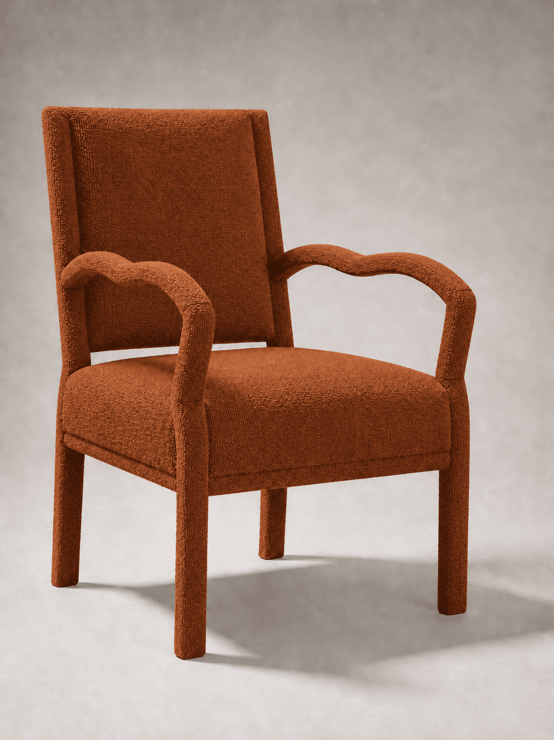 A fully upholstered armchair with a high back and curved arms. The chair features a textured fabric and rests on four straight legs. — 3D model