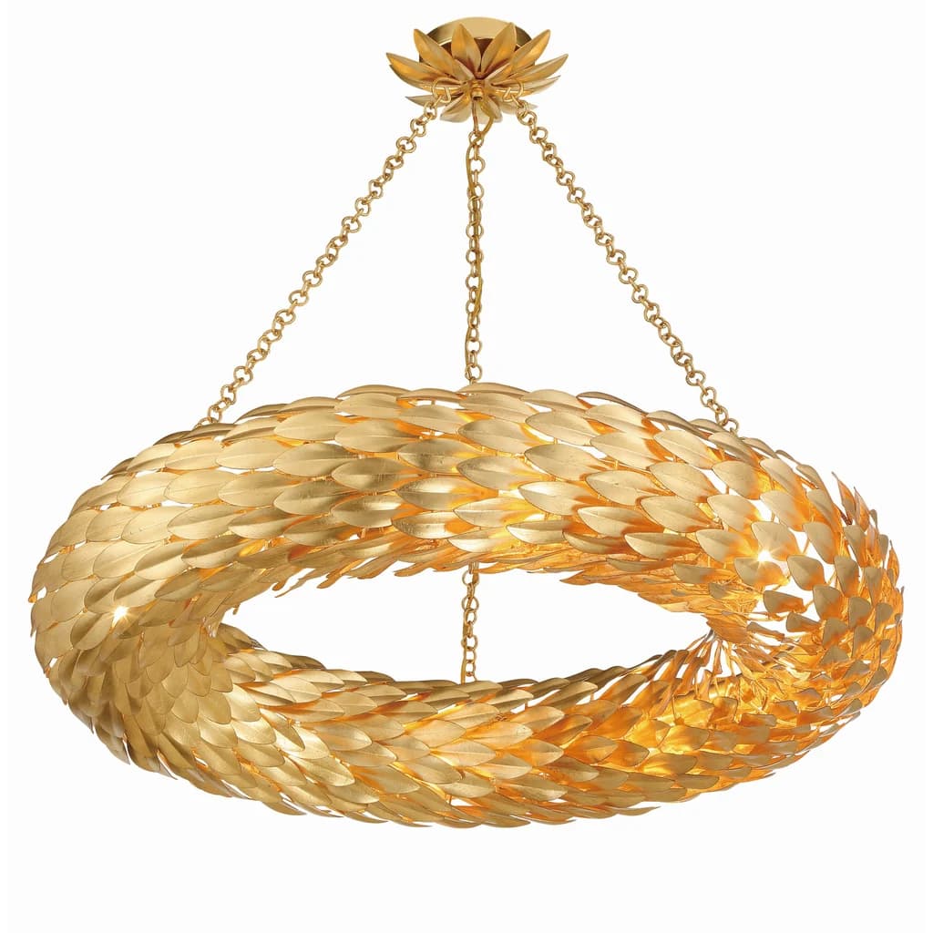A circular, golden chandelier featuring numerous individual, overlapping leaf-like metallic elements. The toroidal structure is suspended from the ceiling by three chains connected to a decorative canopy, with light emanating from within the ring. — 3D model