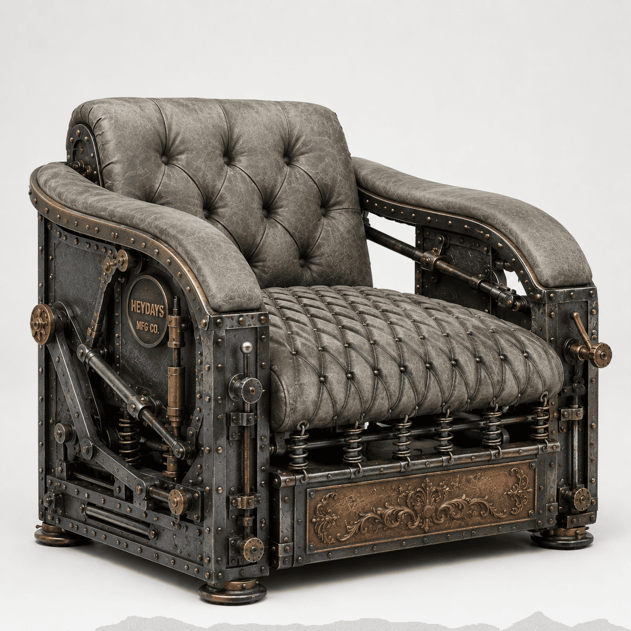 An armchair in a Steampunk industrial style, featuring a distressed metal frame with exposed mechanical elements, brass accents, and tufted grey faux leather upholstery. — 3D model