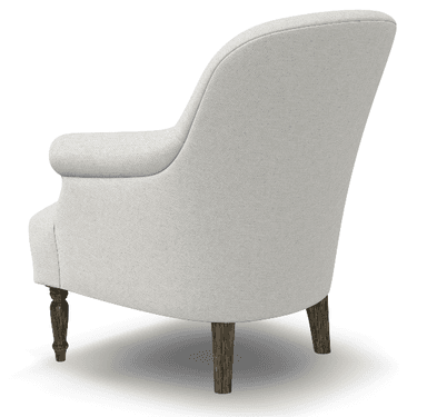 An upholstered armchair viewed from a rear-right angle, featuring a light, neutral-toned fabric. The chair displays classic design elements including a high, subtly curved back and substantial, rolled arms. It is supported by four exposed wooden legs, with the front legs appearing turned or carved, and the rear legs being simpler and tapered. The overall form suggests comfort and a traditional aesthetic. — 3D model